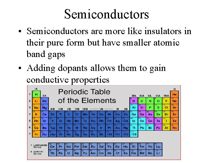 Semiconductors • Semiconductors are more like insulators in their pure form but have smaller