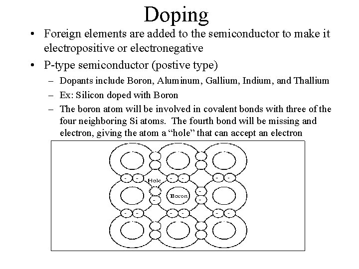 Doping • Foreign elements are added to the semiconductor to make it electropositive or