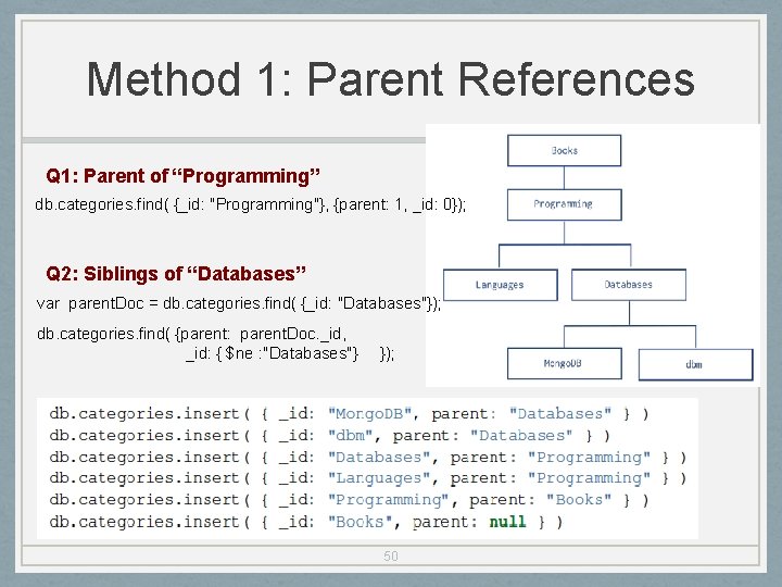 Method 1: Parent References Q 1: Parent of “Programming” db. categories. find( {_id: "Programming"},