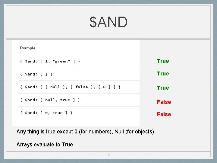 $AND True False Any thing is true except 0 (for numbers), Null (for objects).