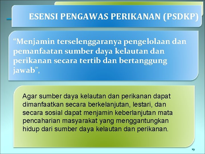 ESENSI PENGAWAS PERIKANAN (PSDKP) “Menjamin terselenggaranya pengelolaan dan pemanfaatan sumber daya kelautan dan perikanan