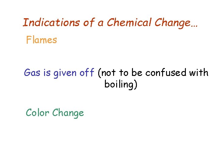 Indications of a Chemical Change… Flames Gas is given off (not to be confused