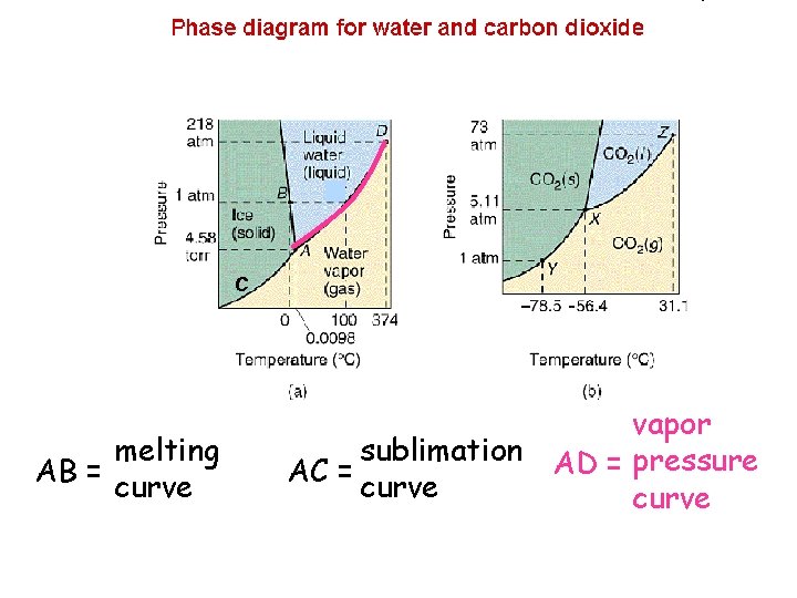 C melting AB = curve vapor sublimation AD = pressure AC = curve 
