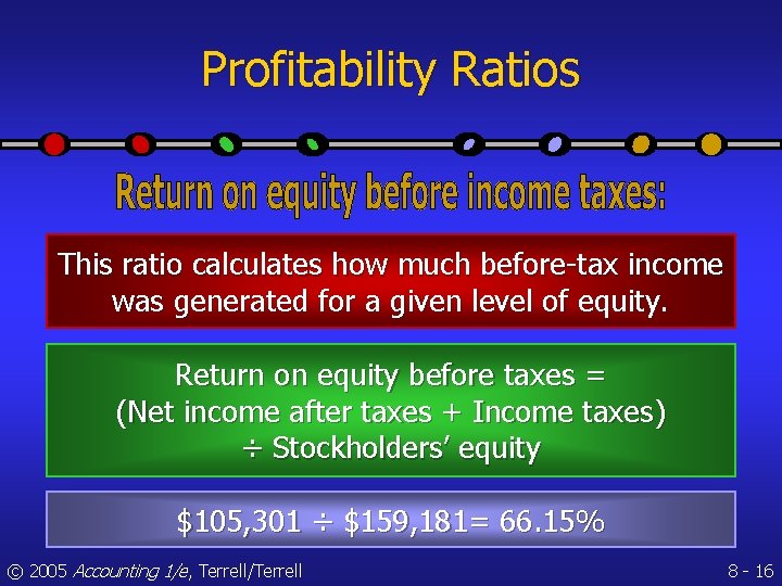 Profitability Ratios This ratio calculates how much before-tax income was generated for a given