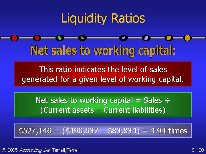 Liquidity Ratios This ratio indicates the level of sales generated for a given level