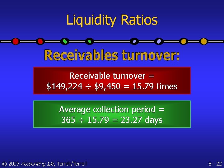 Liquidity Ratios Receivable turnover = $149, 224 ÷ $9, 450 = 15. 79 times