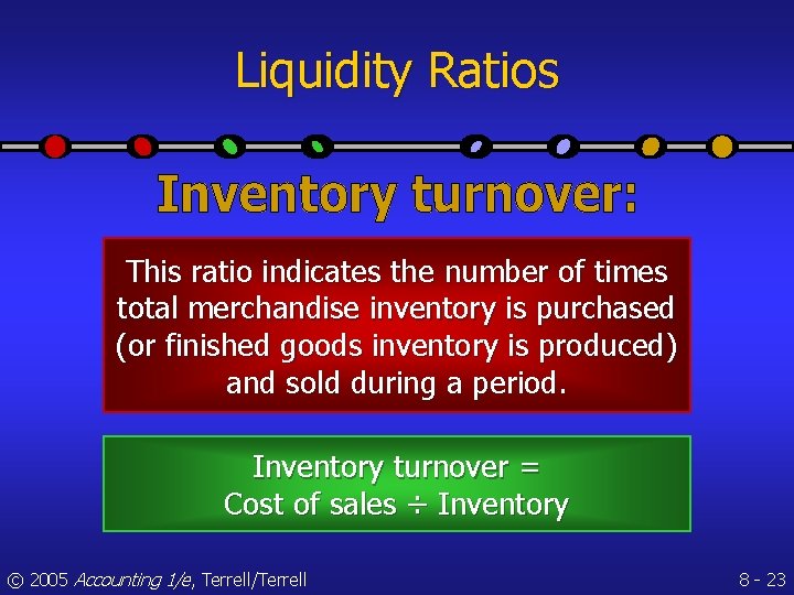 Liquidity Ratios This ratio indicates the number of times total merchandise inventory is purchased