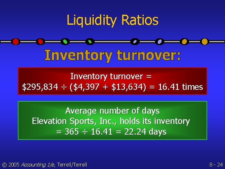 Liquidity Ratios Inventory turnover = $295, 834 ÷ ($4, 397 + $13, 634) =