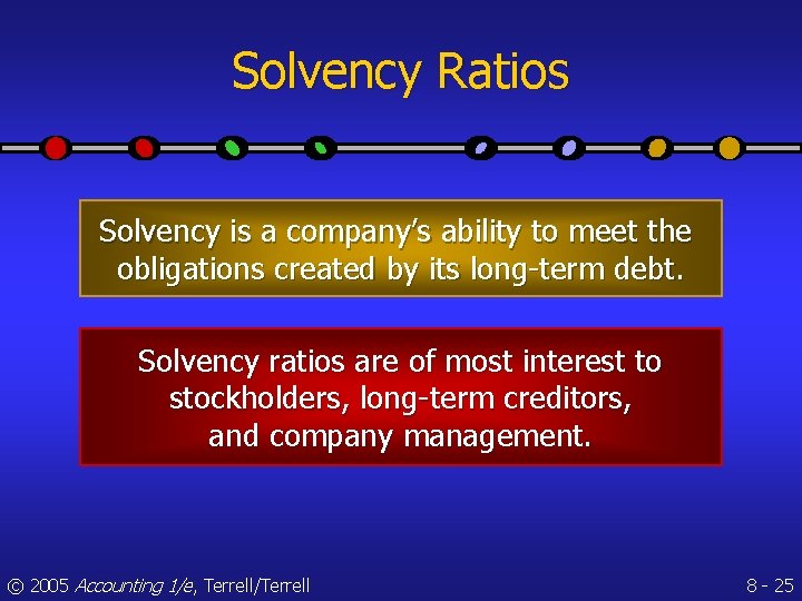 Solvency Ratios Solvency is a company’s ability to meet the obligations created by its