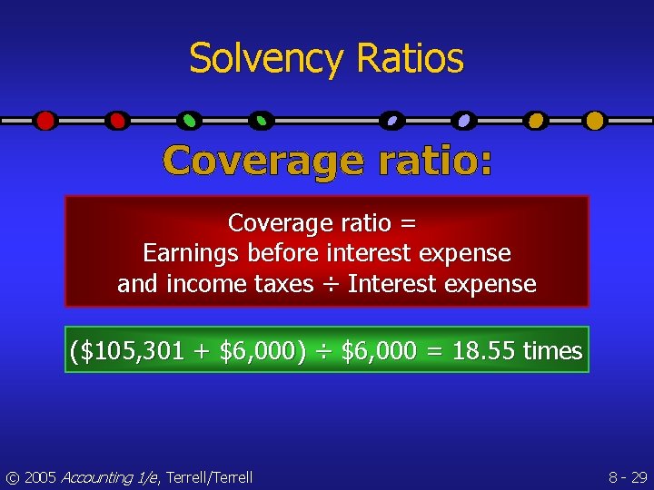 Solvency Ratios Coverage ratio = Earnings before interest expense and income taxes ÷ Interest