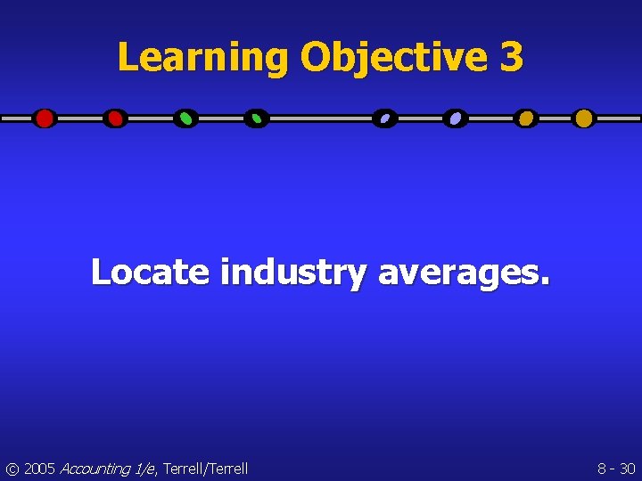 Learning Objective 3 Locate industry averages. © 2005 Accounting 1/e, Terrell/Terrell 8 - 30