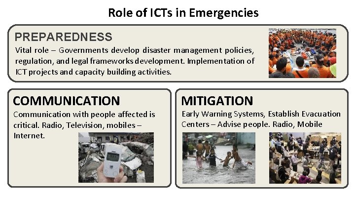 Role of ICTs in Emergencies PREPAREDNESS Vital role – Governments develop disaster management policies,