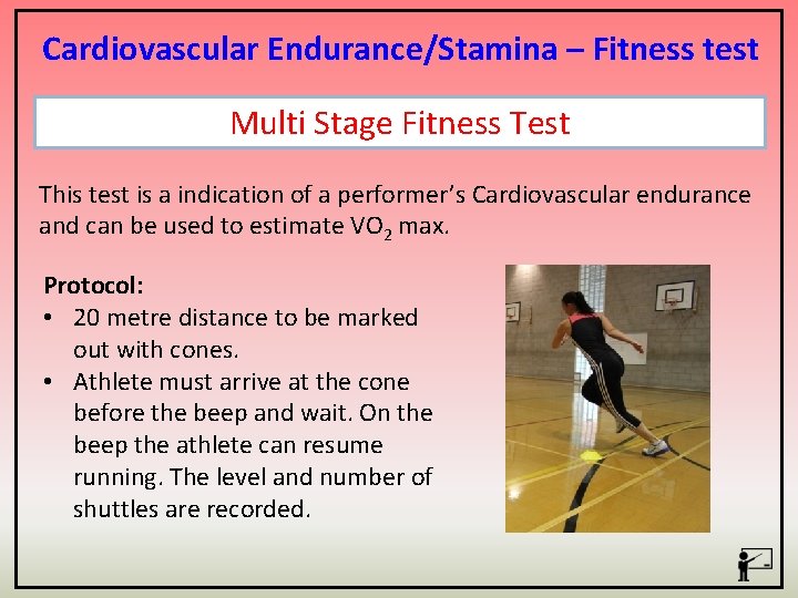 Cardiovascular Endurance/Stamina – Fitness test Multi Stage Fitness Test This test is a indication