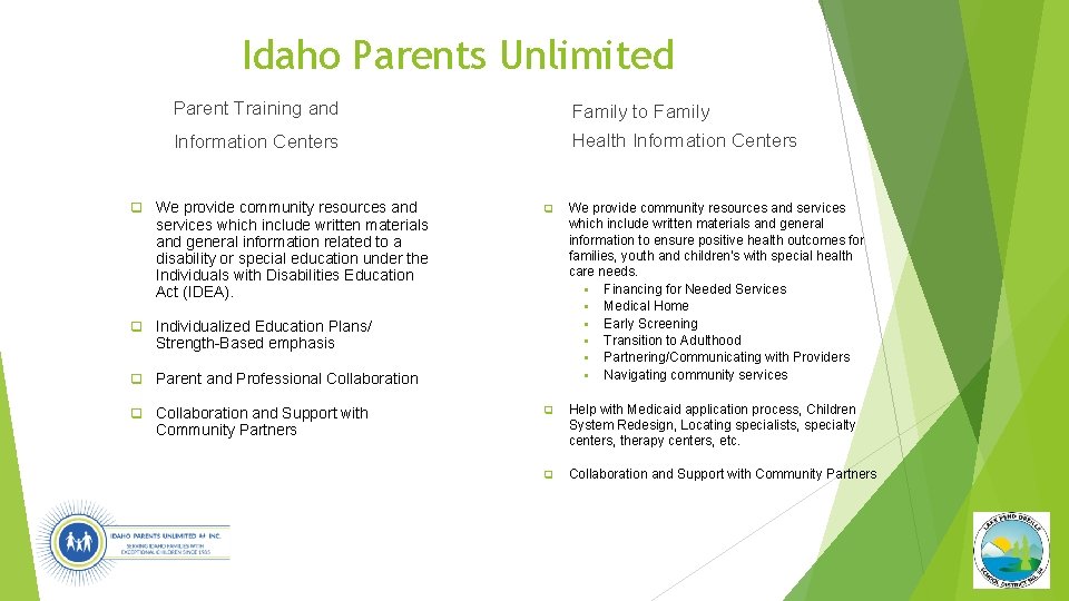 Idaho Parents Unlimited Parent Training and Family to Family Information Centers Health Information Centers