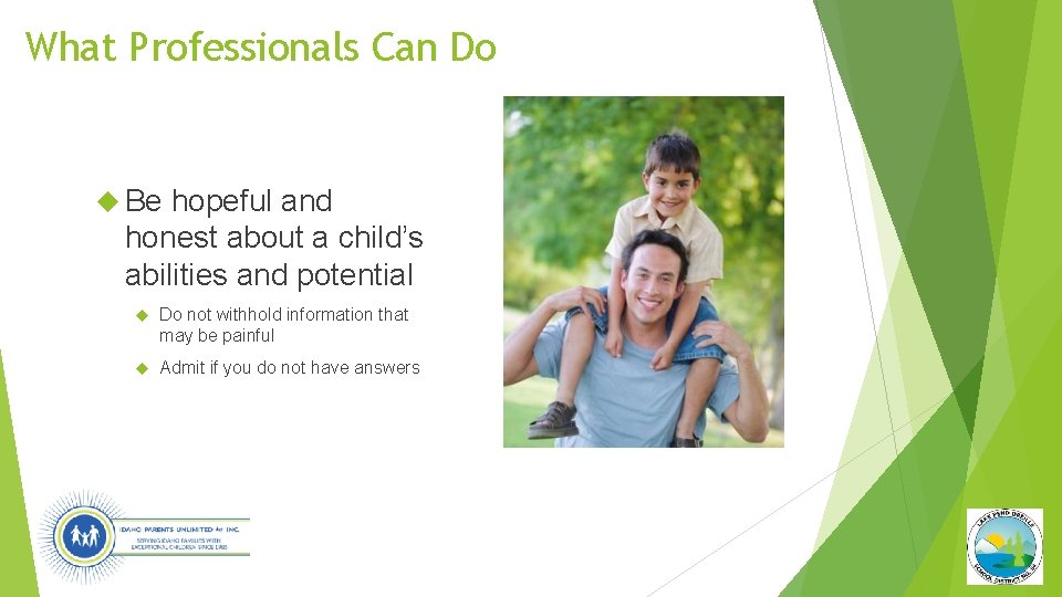 What Professionals Can Do Be hopeful and honest about a child’s abilities and potential
