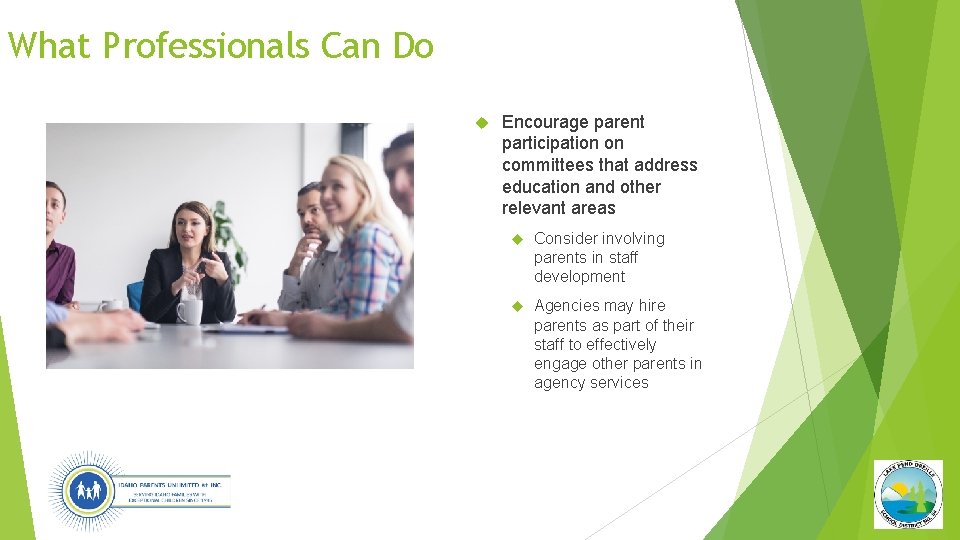What Professionals Can Do Encourage parent participation on committees that address education and other