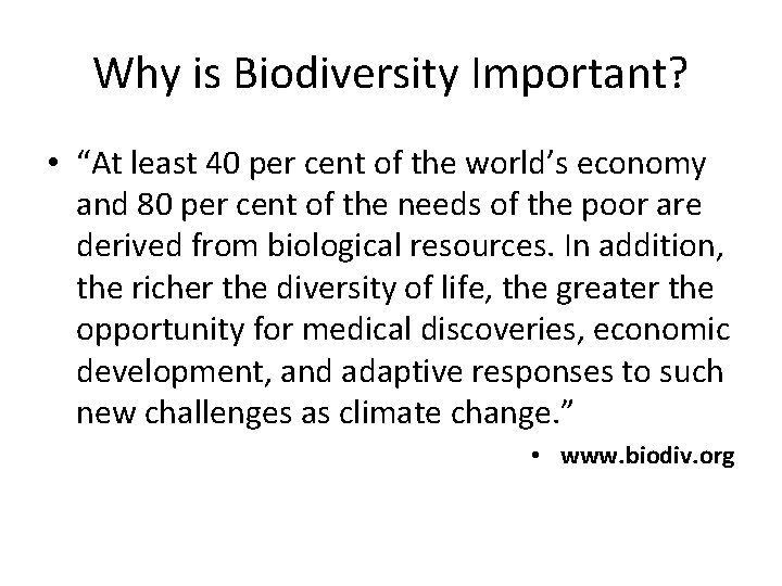 Why is Biodiversity Important? • “At least 40 per cent of the world’s economy