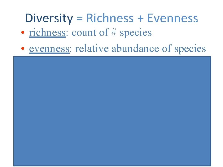 Diversity = Richness + Evenness • richness: count of # species • evenness: relative