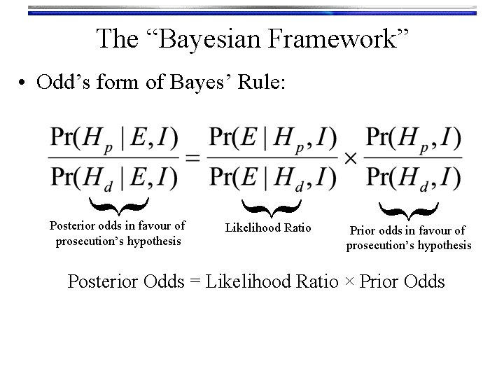 The “Bayesian Framework” Likelihood Ratio { Posterior odds in favour of prosecution’s hypothesis {
