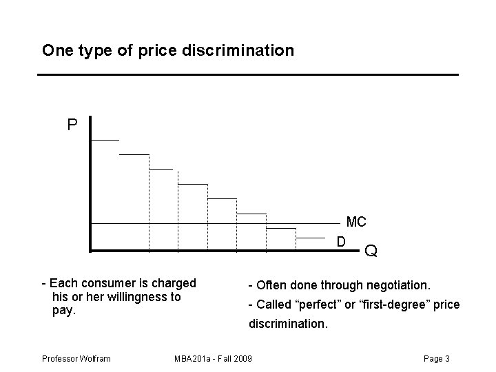 One type of price discrimination P MC D Q - Each consumer is charged