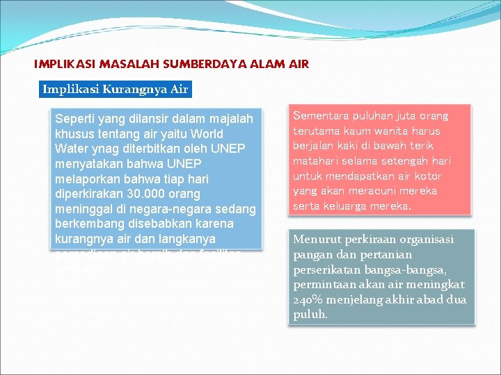 IMPLIKASI MASALAH SUMBERDAYA ALAM AIR Implikasi Kurangnya Air Seperti yang dilansir dalam majalah khusus IMPLIKASI MASALAH SUMBERDAYA ALAM AIR Implikasi Kurangnya Air Seperti yang dilansir dalam majalah khusus