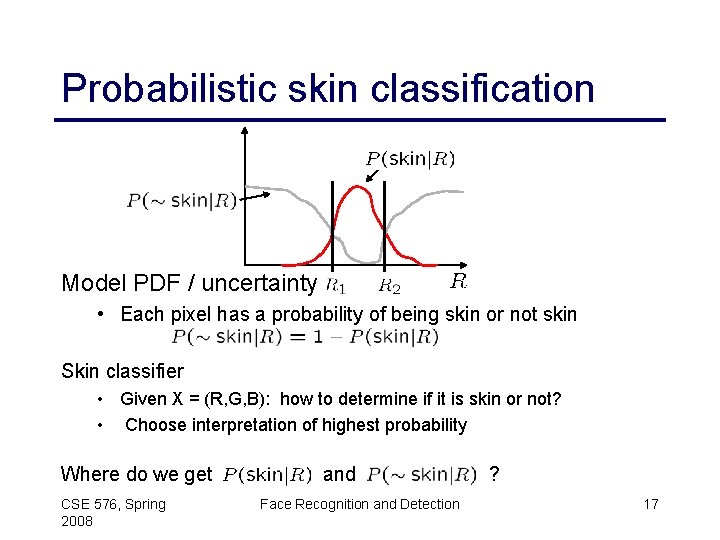 Probabilistic skin classification Model PDF / uncertainty • Each pixel has a probability of