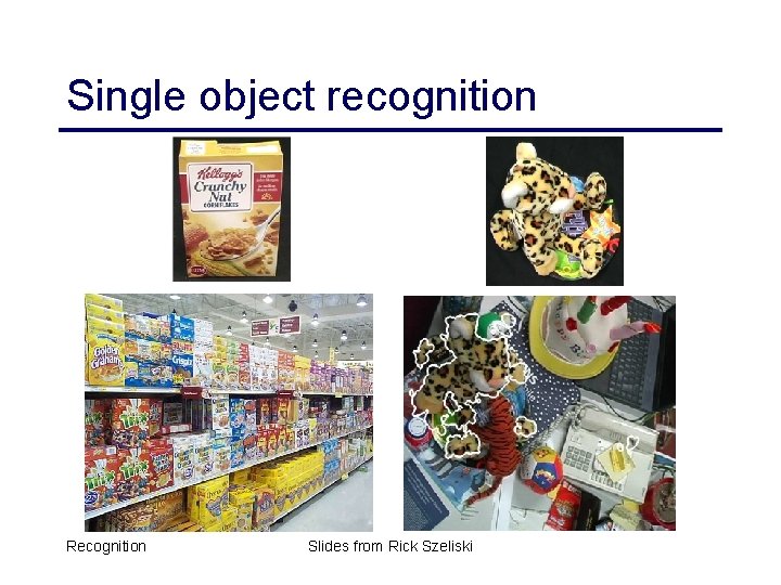 Single object recognition Recognition Slides from Rick Szeliski 