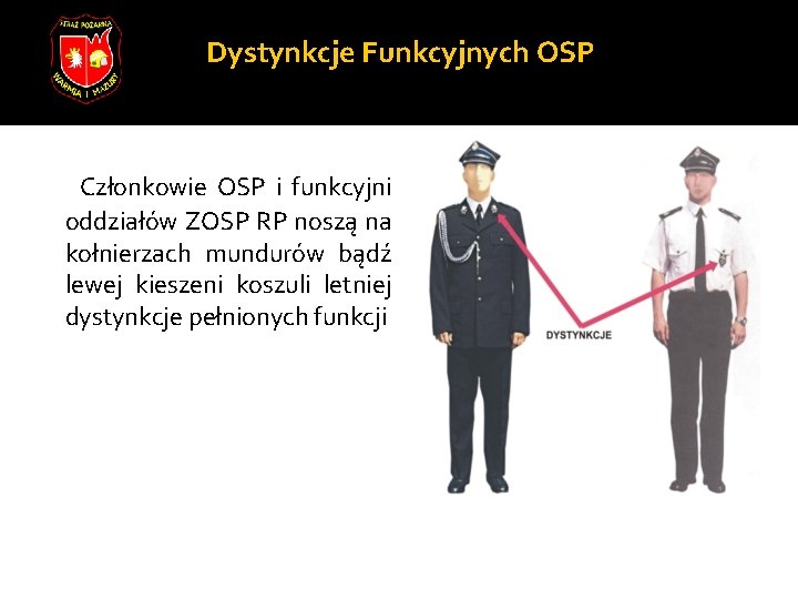 Dystynkcje Funkcyjnych OSP Członkowie OSP i funkcyjni oddziałów ZOSP RP noszą na kołnierzach mundurów