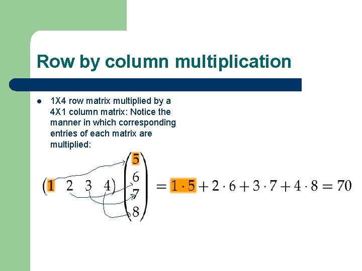 Row by column multiplication l 1 X 4 row matrix multiplied by a 4 Row by column multiplication l 1 X 4 row matrix multiplied by a 4