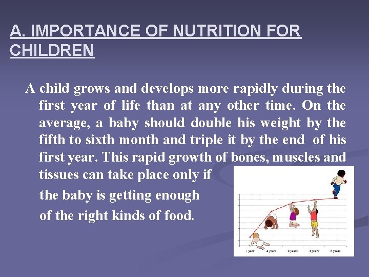 A. IMPORTANCE OF NUTRITION FOR CHILDREN A child grows and develops more rapidly during