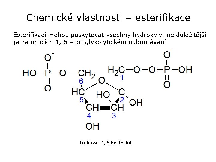 Chemické vlastnosti – esterifikace Esterifikaci mohou poskytovat všechny hydroxyly, nejdůležitější je na uhlících 1, Chemické vlastnosti – esterifikace Esterifikaci mohou poskytovat všechny hydroxyly, nejdůležitější je na uhlících 1,
