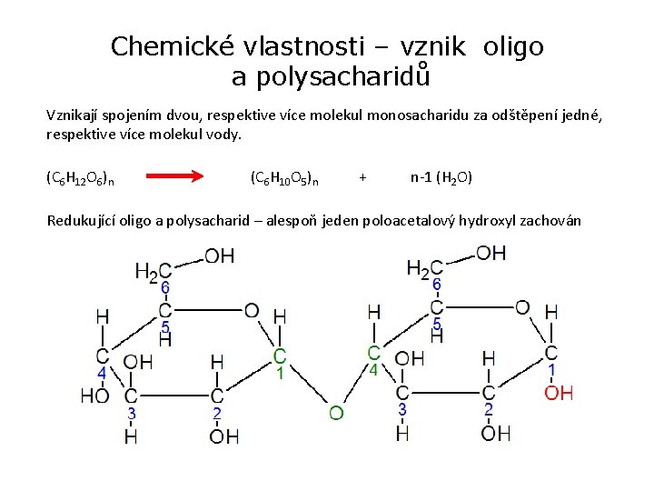 Chemické vlastnosti – vznik oligo a polysacharidů Vznikají spojením dvou, respektive více molekul monosacharidu Chemické vlastnosti – vznik oligo a polysacharidů Vznikají spojením dvou, respektive více molekul monosacharidu