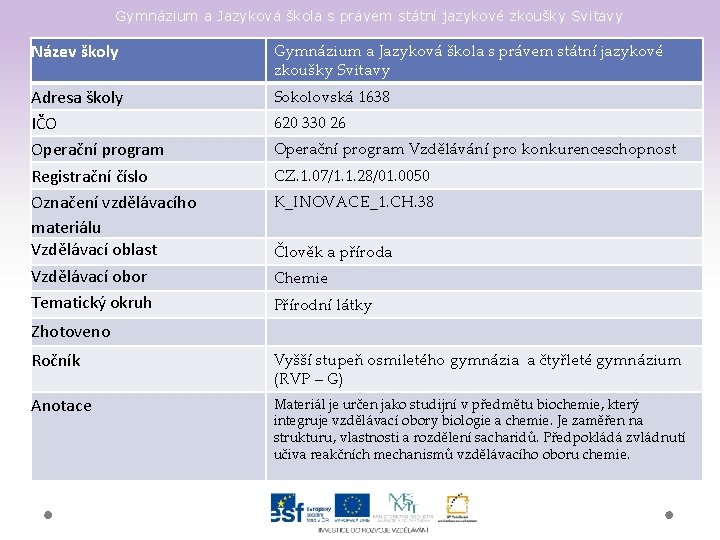 Gymnázium a Jazyková škola s právem státní jazykové zkoušky Svitavy Název školy Gymnázium a