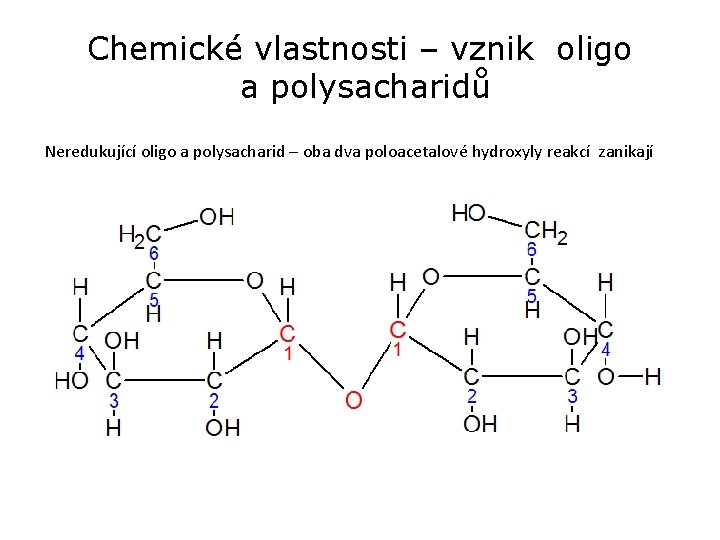 Chemické vlastnosti – vznik oligo a polysacharidů Neredukující oligo a polysacharid – oba dva