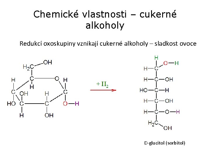 Chemické vlastnosti – cukerné alkoholy Redukcí oxoskupiny vznikají cukerné alkoholy – sladkost ovoce D-glucitol