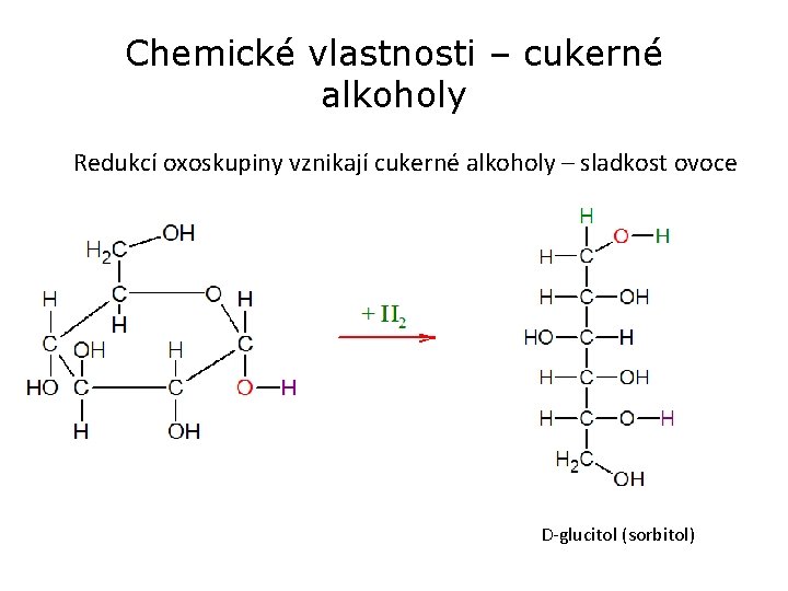 Chemické vlastnosti – cukerné alkoholy Redukcí oxoskupiny vznikají cukerné alkoholy – sladkost ovoce D-glucitol Chemické vlastnosti – cukerné alkoholy Redukcí oxoskupiny vznikají cukerné alkoholy – sladkost ovoce D-glucitol