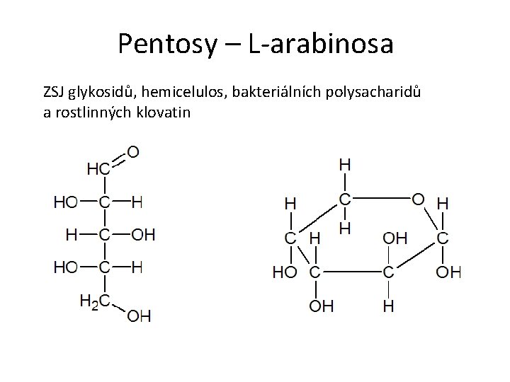 Pentosy – L-arabinosa ZSJ glykosidů, hemicelulos, bakteriálních polysacharidů a rostlinných klovatin 