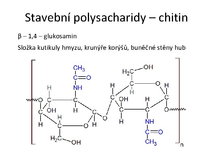 Stavební polysacharidy – chitin β – 1, 4 – glukosamin Složka kutikuly hmyzu, krunýře Stavební polysacharidy – chitin β – 1, 4 – glukosamin Složka kutikuly hmyzu, krunýře