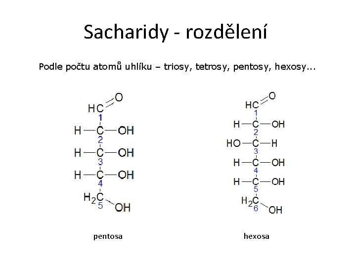 Sacharidy - rozdělení Podle počtu atomů uhlíku – triosy, tetrosy, pentosy, hexosy. . .