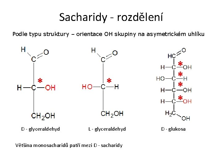 Sacharidy - rozdělení Podle typu struktury – orientace OH skupiny na asymetrickém uhlíku *