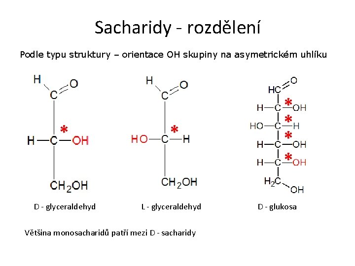 Sacharidy - rozdělení Podle typu struktury – orientace OH skupiny na asymetrickém uhlíku * Sacharidy - rozdělení Podle typu struktury – orientace OH skupiny na asymetrickém uhlíku *