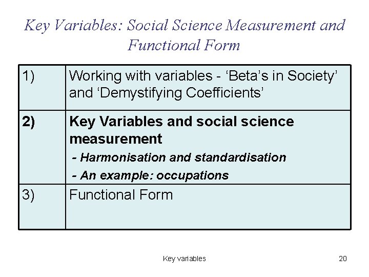 Key Variables: Social Science Measurement and Functional Form 1) Working with variables - ‘Beta’s