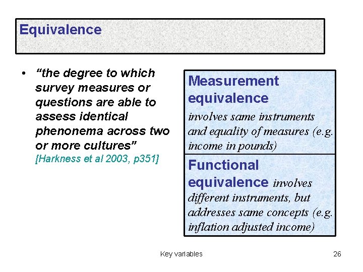 Equivalence • “the degree to which survey measures or questions are able to assess