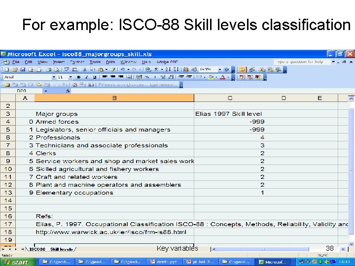 For example: ISCO-88 Skill levels classification Key variables 38 