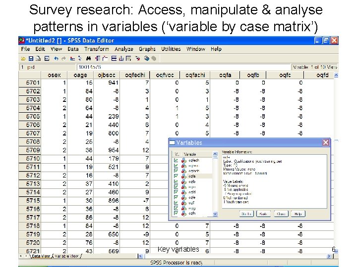 Survey research: Access, manipulate & analyse patterns in variables (‘variable by case matrix’) Key