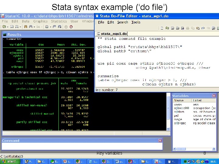 Stata syntax example (‘do file’) Key variables 8 
