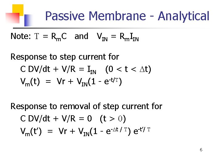 Passive Membrane - Analytical Note: T = Rm. C and VIN = Rm. IIN