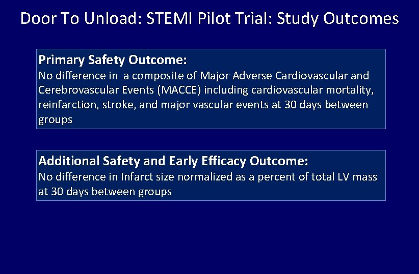Door To Unload: STEMI Pilot Trial: Study Outcomes Primary Safety Outcome: No difference in