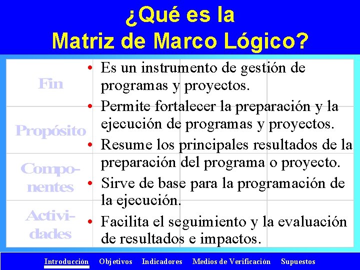 ¿Qué es la Matriz de Marco Lógico? • Es un instrumento de gestión de