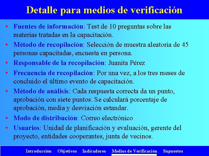 Detalle para medios de verificación • Fuentes de información: Test de 10 preguntas sobre